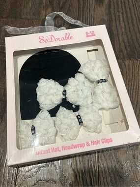 BRAND NEW Black and white Infant Hat, Headwrap & Hair Clips Set 0-12M